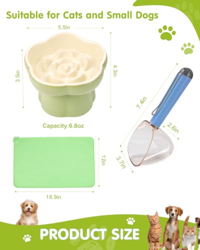 Ceramic Elevated Slow Feeder Cat Bowl Set with Feeding Mat & Measuring Scoop, Raised Tilted Puzzle Bowl for Cats & Small Dogs, Whisker Friendly Pet Feeding Dish for Dry Wet Food (Green) - color: Green