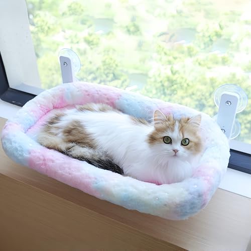 Cat Window Perch, Sturdy Cat Hammock with Strong Suction Cups for Large Heavy Cats, Gradient Color Shiny Fabic with Cushioned Border, Cute Window Bed Seat for Cats Inside with Movable Toy Hooks (XL) - size: XL (25.1'L x11.2'W x7.8'H)