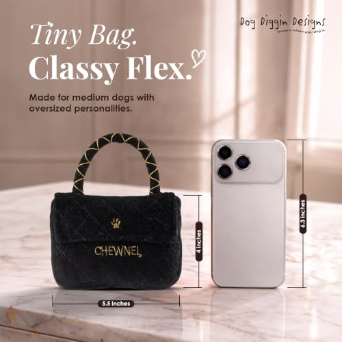 Dog Diggin Designs Chewnel Classique Plush Dog Toy Purse | Luxury-Inspired Parody Designer Handbag with Squeaker, Soft Plush Fashion Dog Toy – Haute Couture Purses & Handbags - color: Black Koko Classique Purse, size: One Size