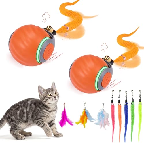 2 Pack Interactive Cat Toy Ball,Indoor Automatic Cat Toys with 8 Replaceable Worm and Feather Tails for Chasing,Rechargeable Enrichment Toys for Cats to Keep Them Busy,Orange + Orange - color: Orange, size: 2-Pack