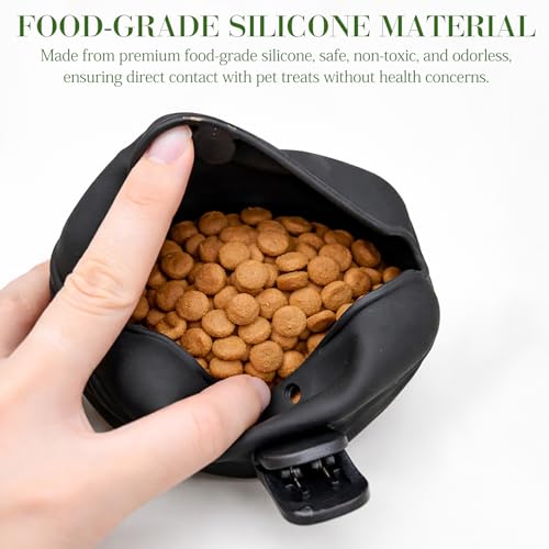 Black Silicone Dog Treat Pouch, Portable Pet Training Snack Bag with Magnetic Closure and Waist Clip for Dog Walking