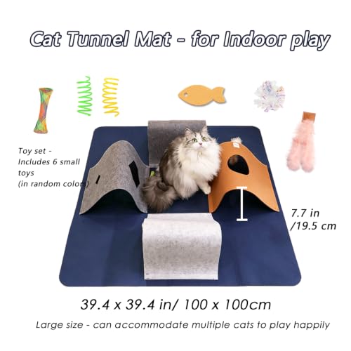 Cat Tunnel Mat for Indoor,4-Way Felt Cats Play Mat Cat Cave for Hide & Seek - color: Navy Blue