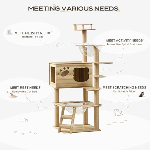 EUREKA ERGONOMIC Cat Tree Large 52 Inch, Wooden Cat Tower Multi-Level Cat Tree Tower for Indoor Cats Large Adult with Scratching Post, House, Pompoms, Cat Stand with Scratch Pad (Yellow) - size: CT02