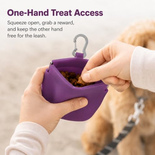 Silicone Dog Treat Pouch for Pet Training One-Hand Access One Cup Silicone Treat Bag with Pull Tab and Auto Closing Lid Treat Pouches for Leash(Color: Purple) - color: Purple