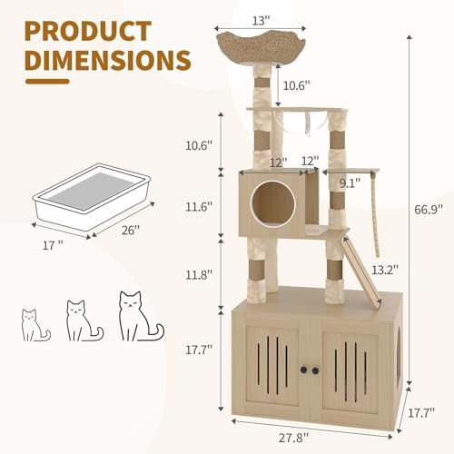 Garvee Tall Cat Tree with Litter Box Enclosure, 66.9-Inch Cats Condo, Multi-Level Perch & Scratching Posts for Cat - color: Wood
