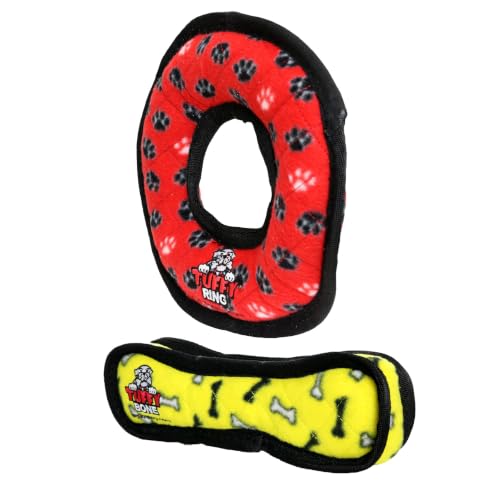 TUFFY® : 2 Pack Ring Bone Dog Toy: Ultra Durable Plush Toy with Multiple Layers & Reinforced Seams, Washable and Floats, Original Construction - color: 2PK Red Ring Yellow Bone