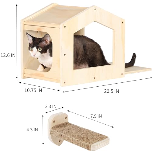 Cat Shelves with 3 Steps Scratching Post and Hammock Bed - Wall Mounted Climbing Condo for Indoor Cats (Wood)