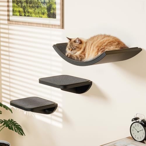 Cat Wall Shelves for Large Cats Set, Grey Curved Wall Sisal Bed and 2 Floating Wall Sisal Steps, Wall Mounted Climbing Shelves for Sleeping, Playing, and Lounging - color: Gray Sisal 3 in 1