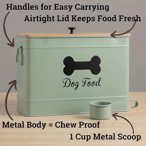 Metal Dog Food Container 15-20 lbs w/ Airtight Bamboo Lid, 70 Cup Capacity - color: Sage Green: Bone