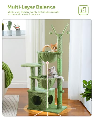 MUTTROS Cactus Cat Tree, 47.6" Cat Tower with 2 Metal Frame Hammock, Cat Scratching Post for Indoor Cats with 2 Removable Pompom Sticks for Kittens, Green - color: Cactus Green, size: 47.6"