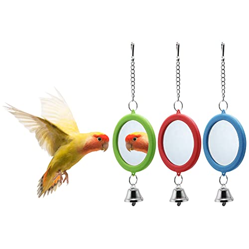 Litewoo 3-Piece Bird Mirror Toy with Bell for Parrot Cage, 3 Round - color: B - 3* Round