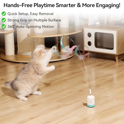 Migipaws Interactive Automatic Cat Teaser Wand Toy with Strong Suction Cup, 70cm Flexible Wire & DIY Bending Design, Rechargeable Cat Exercise Toy with Auto Timer for Indoor Cats (White) - style: White