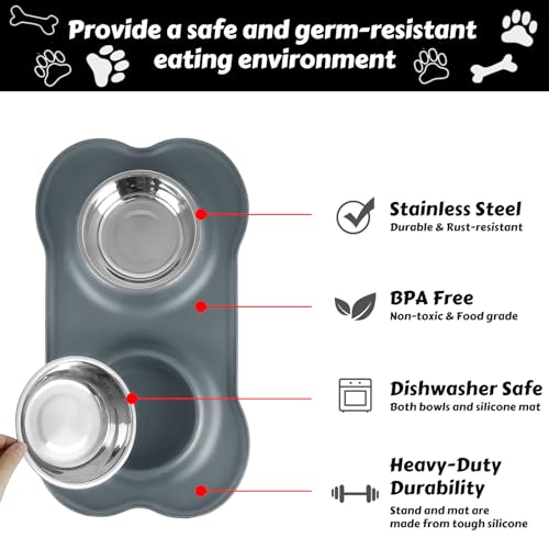 AsFrost Dog Food Bowls Stainless Steel Dog Food and Water Bowl Set, Dog Dishes No Spill Non Slip Silicone Mat, Dog Bowls for Small Medium Size Dogs Cat Puppy Pet Food Feeding Bowls, Grey, 12oz - color: Grey, size: 1½ Cup/12 oz each