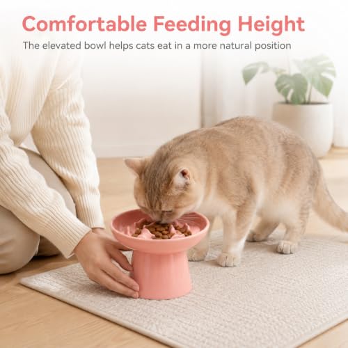 Cat Slow Feeder Bowl, Ceramic Elevated Cat Slow Feeder Bowl, Shallow Wide Opening Dish for Kitty, Anti Vomiting for Dry and Wet Food, Anti-Slip Design, Pink - color: Pink