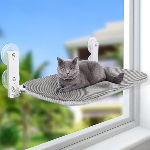Sunhoo Cat Window Hammock Perch Cordless Perches Window Sill Seat Bed Foldable Stable Lounger Upgraded Suction Cup Easy Assembly Indoor Cats Kitty Shelf Hold Up to 55lbs (Light Gray, L) - color: light gray, size: L