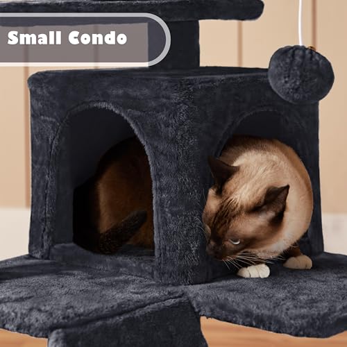 Yaheetech 54in Cat Tree Tower, 2 Caves, Kitten-Ear Perch & Scratching Posts - color: Black, size: 54in