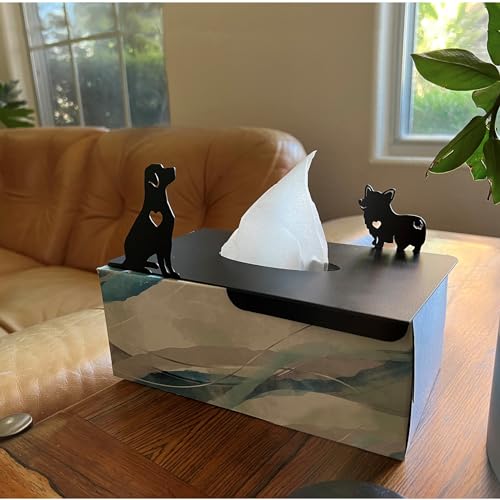 Lily’s Home Playful Dogs with Hearts Cutout, Pet Theme Veterinarian Office Dog Lover Gift Decorative Metal Rectangular Tissue Box Cover, Matte Black, Steel - color: Dogs