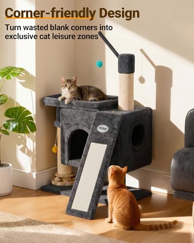Eco-Wood Cat Tree Tower,【Small but All-in-One】with Scratching Posts, Indoor - color: Onyx Gray