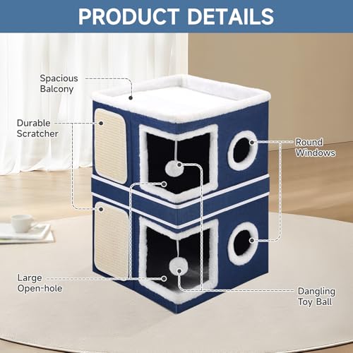 Shikha 2 Story Cat House beds for Indoor Cats with Scratch Pads Blue - color: Blue, size: Double