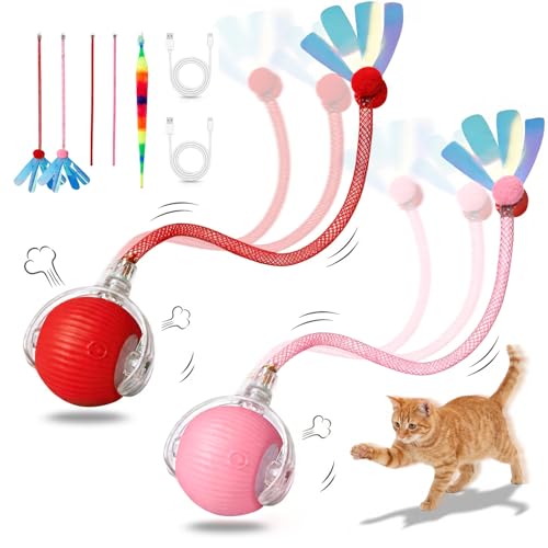Interactive Cat Toy Ball, Automatic Cat Toys for Indoor Cats with 3 Modes - color: red+pink