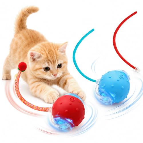 Interactive Cat Toy Ball,2 pcs 3 Speed Modes Automatic Moving Cat Toy Balls,Automatic Rolling Rechargeable Cat Toy for Indoor Cats Bored Adult & Kittens-Red and Blue - color: Red+Blue