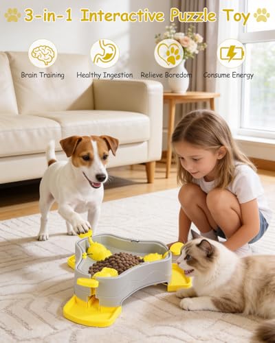 Dog Puzzle Toy, 3-in-1 Interactive Dog Puzzle Toys Press-Type Dog Treat Dispenser Toy Dog Enrichment Toy No-Slip Dog Slow Feeder Interactive Brain Training Toy for Smart Dog Cat, Yellow - color: Yellow+Grey