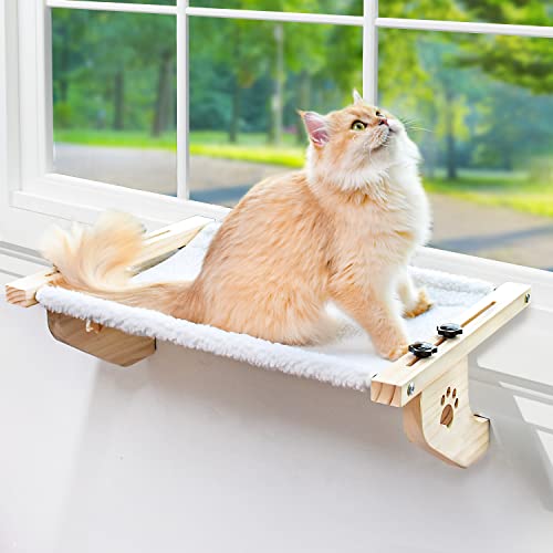 AMOSIJOY Cat Windowsill Perch with Wood & Metal Frame for Large Cat, 21.7in - color: White, size: 21.7''L x 15''W