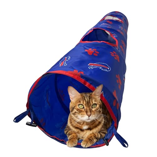NFL Buffalo Bills Cat Tunnel Tube Toy with Plush Football Catnip and Feathers Collapsible Tunnel for Cats to Play, Peek and Hide, Sporty & Fun Cat Tunnel Toy with Team Logo All-Over Design! - color: Buffalo Bills