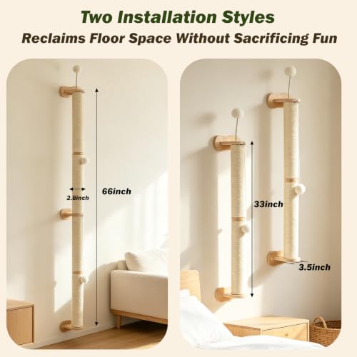 EMUST Cat Wall Scratcher 2 Pack 66", Tall Sisal Scratch Post for Large Cats - size: 66 inch