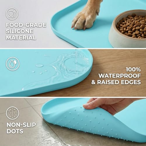 Waterproof Silicone Pet Feeding Mat Blue with Raised Edge,24" x 16"Non-Skid Spill Proof Dog Bowl Mats, Easy Clean Cat Bowls Placemat for Cats and Dogs - color: Blue, size: 60 x 40 cm