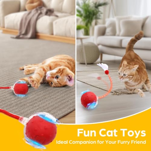 Interactive Cat Toy Ball,2 pcs 3 Speed Modes Automatic Moving Cat Toy Balls,Automatic Rolling Rechargeable Cat Toy for Indoor Cats Bored Adult & Kittens-Red and Blue - color: Red+Blue