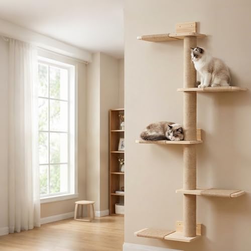 Tall Wall Cat Tree 50"‌, Wood Cat Wall Shelves Wall-Mounted Scratching Post - size: 4-Tier Cat Tree, Natural Jute Color