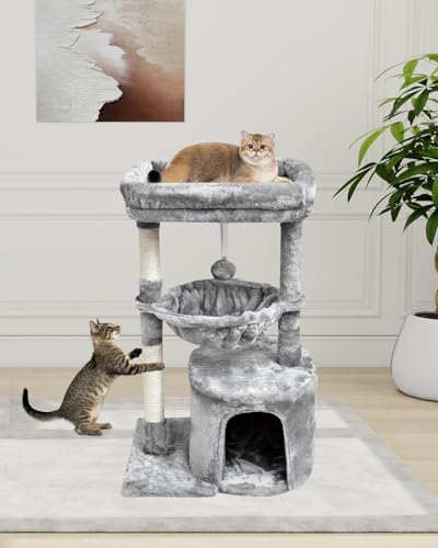 SYANDLVY Small Cat Tree for Indoor Cats, Activity Cat Tower with Scratching Post for Kittens, Modern Cat Furniture with Basket & Hanging Ball for Play Rest, Grey - color: Grey