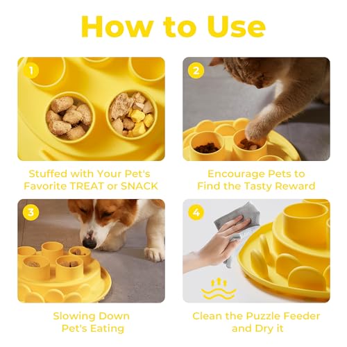 Puzzle Feeder Slow Feeder, Interactive Cat Puzzle Toy for Mental Stimulation, Dishwasher Safe Silicone Enrichment Toys, Reduces Boredom and Trains Intelligence, Yellow - color: Yellow