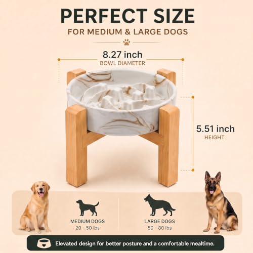 Elevated Ceramic Slow Feeder Dog Bowls Anti-Choking Slow Feeding for Medium& Large Anti-Slip Non-Lead & Toxic Durable Easy to Clean Maze Slow Feeder Bowl（8.66in Marble Brown Stars Pattern） - color: Marble Brown Stars Pattern, size: 3.6Cup