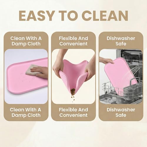 BLESWIN Waterproof Silicone Pet Feeding Mat Pink with Raised Edge,24" x 16"Non-Skid Spill Proof Dog Bowl Mats, Easy Clean Cat Bowls Placemat for Cats and Dogs - color: Pink, size: 60 x 40 cm