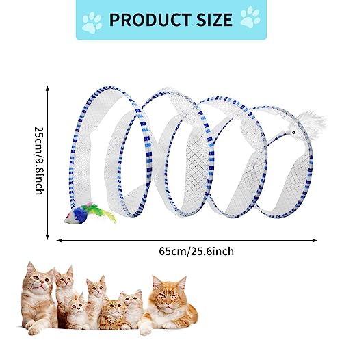Andiker Cat Tunnel Toy, 10 inch Collapsible Metal Cat Spring Toy with Nylon Mesh, Feather, Mouse, and Bell, Interactive Cat Toys for Indoor Cats to Scratch, Puzzle, Relax and Kill Time (Blue) - color: Blue