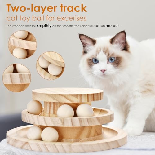 Cat Ball Track Toy, Double-Layer Tower cat Toy Roller, Interactive Wooden cat Toy - no Card Ball, Anti Slip, no Assembly Required, Ideal Choice for Physical and Mental Exercise of Kittens - size: 7.28