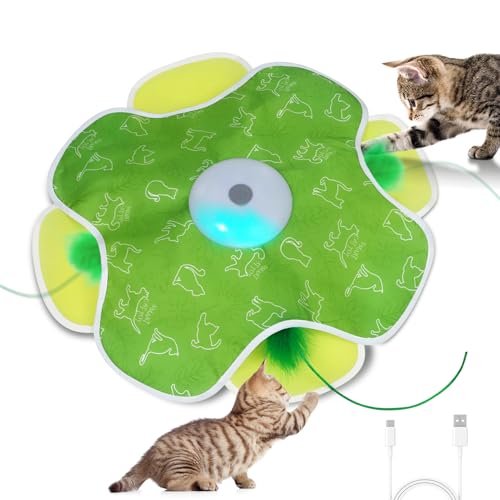 Saolife Interactive Cat Toys with Moving Feather Concealed in Mat, Rechargeable Cat Exercise Toys for Bored Cats with Motion Activated, Mouse Squeaky (Green)