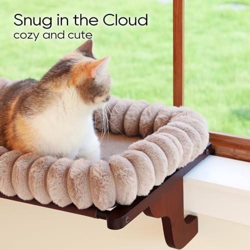Zakkart SnugCloud Cat Perch for Windowsill (Dark Stained Wood/Brown, M) - color: Dark Stained Wood w/ Brown Bed, size: Medium (22"x15")