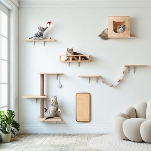 Cat Wall Shelves, Solid Wooden Wall-Mounted Cat Furniture - color: Solid Wood
