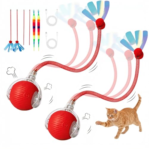 Interactive Cat Toy Ball, Automatic Cat Toys for Indoor Cats with 3 Modes - color: red+red