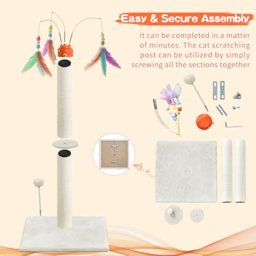 YARUOMY Cat Scratching Post ，41.3" Sisal Rope Cat Scratcher Tall Scratching Post for Indoor Cats Adult with Interactive Cat Toys Automatic Teaser Wand and Rotating Hanging Balls - size: 41.3"H