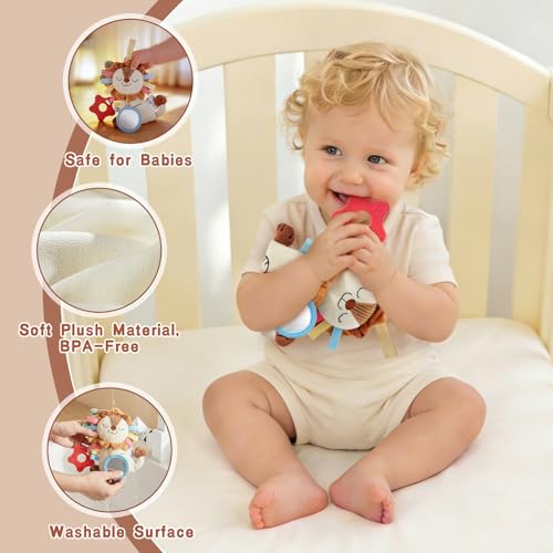 TYRY.HU Car Seat & Stroller Activity Toy,Soft Plush Cot Hanging Toy, Baby Rattle Toy with Strap,Developmental Sensory Toy-Textured Ribbons&Teether&Mirror&Crinkle Sounds for Infants 0 3 6 12 Months - color: B: Lion Stroller Toy
