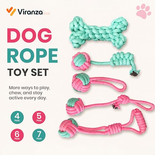 Dog Rope Toy 5 Pack, Durable Cotton Tug and Chew Toys for Puppy Teething, Training and Everyday Play, Woven from Soft Natural Cotton That Is Gentle on Growing Teeth, for Small and Medium Breed Dogs