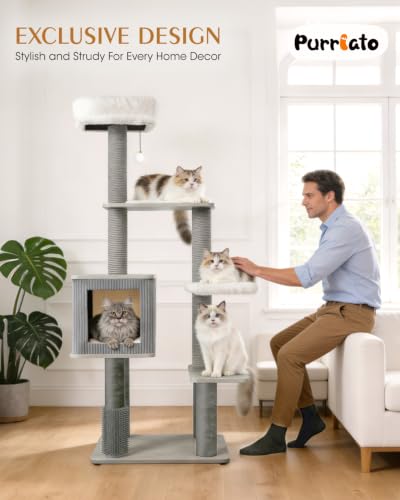 60" Heavy Duty Cat Tree, Tall Cat Tower for Large Cats, Grey