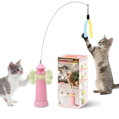 Interactive Cat Toys for Indoor Cats, Windmill Feather Cat Teaser Wand, Bouncy Kitten Toys with Strong Suction Cup Base for Bored Felines & Self-Played Enrichment Pink - color: Pink