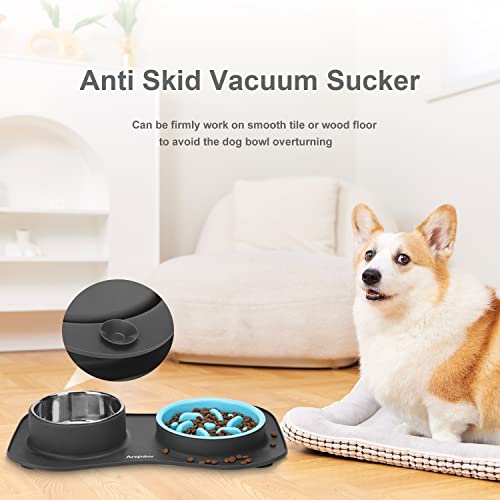 Slow Feeder Dog Bowls 3 in 1 Stainless Steel Food Water Bowl to Slow Eating - color: Dark Grey, size: Small ＆ Medium Breed