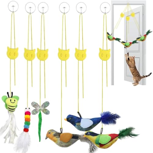 6 pc Interactive Hanging Cat Toy, Self Play Kitten Toys for Indoor Kittens Retractable Bouncing Cat Bird Toy & Cat Feather Toy Attachments Hands-Free Cat Toy Wand Teaser Toys with Feathers