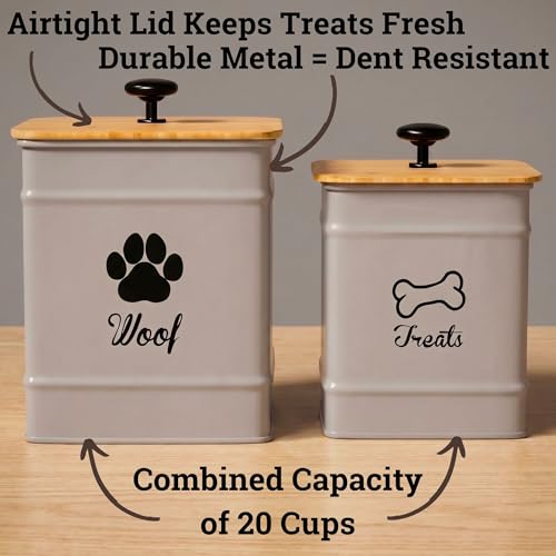 Dog Treat Container Set of 2 with Airtight Bamboo Lids - 8x6 & 7x5 inch - color: Gray - Large